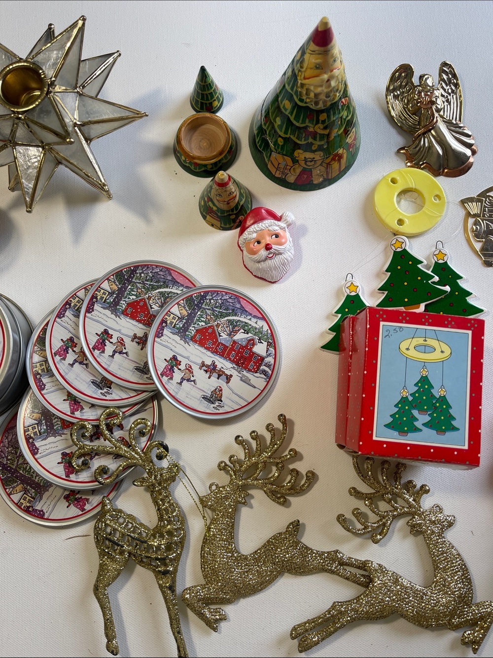 Vintage Christmas Decorations. Santa, Reindeer, candle, coasters stars